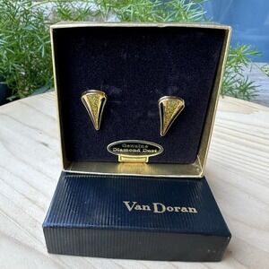 Vintage Van Doran Clip Earrings 5/8" Genuine Diamond Dust Gold Tone Black Box‎